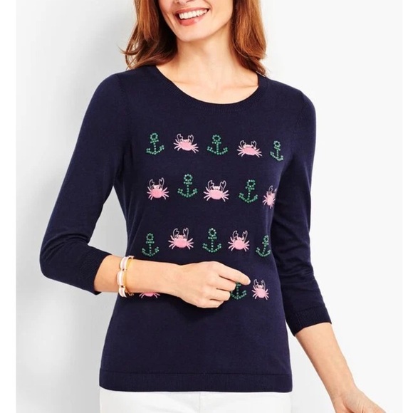 Talbots | Navy Blue Seashore Embroidered Sequin Crabs Anchor Crewneck Sweater S - Picture 1 of 16